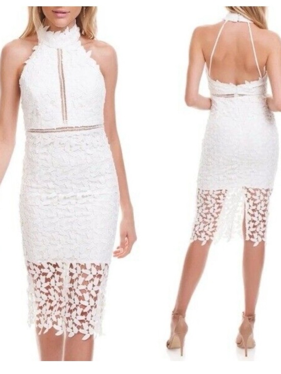Bardot Dresses & Skirts - Bardot Gemma White Lace Halter Sheath Dress, high neck,sheer leaf-patterned lace